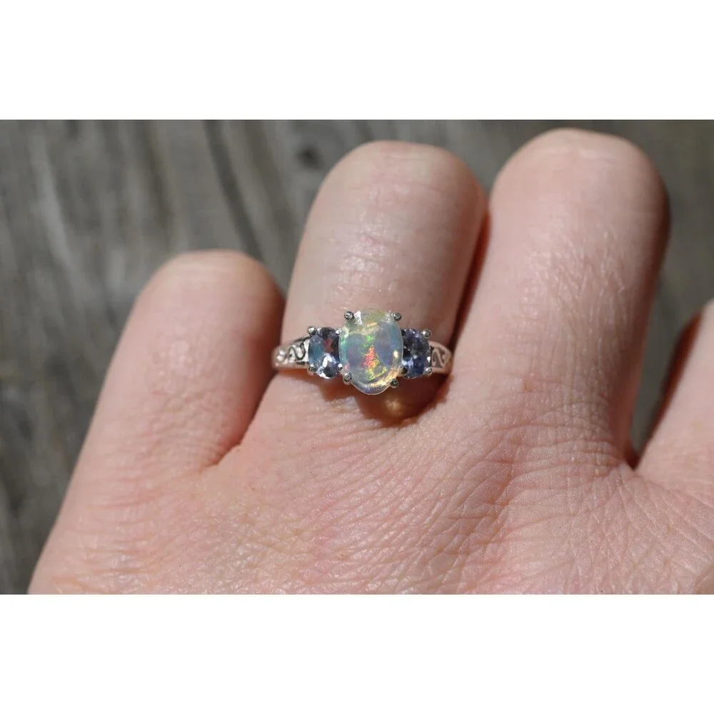 Ethiopian Opal and Tanzanite Ring Sterling Silver Oval Opal , October Birthstone